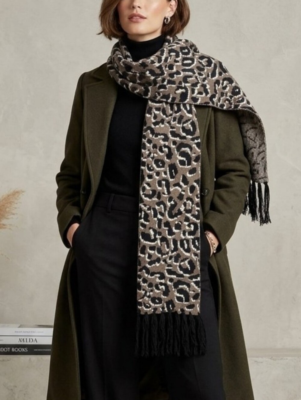 NWT Cole Haan Thick Knit Wool Blend Animal Print Fringed Scarf Neutral